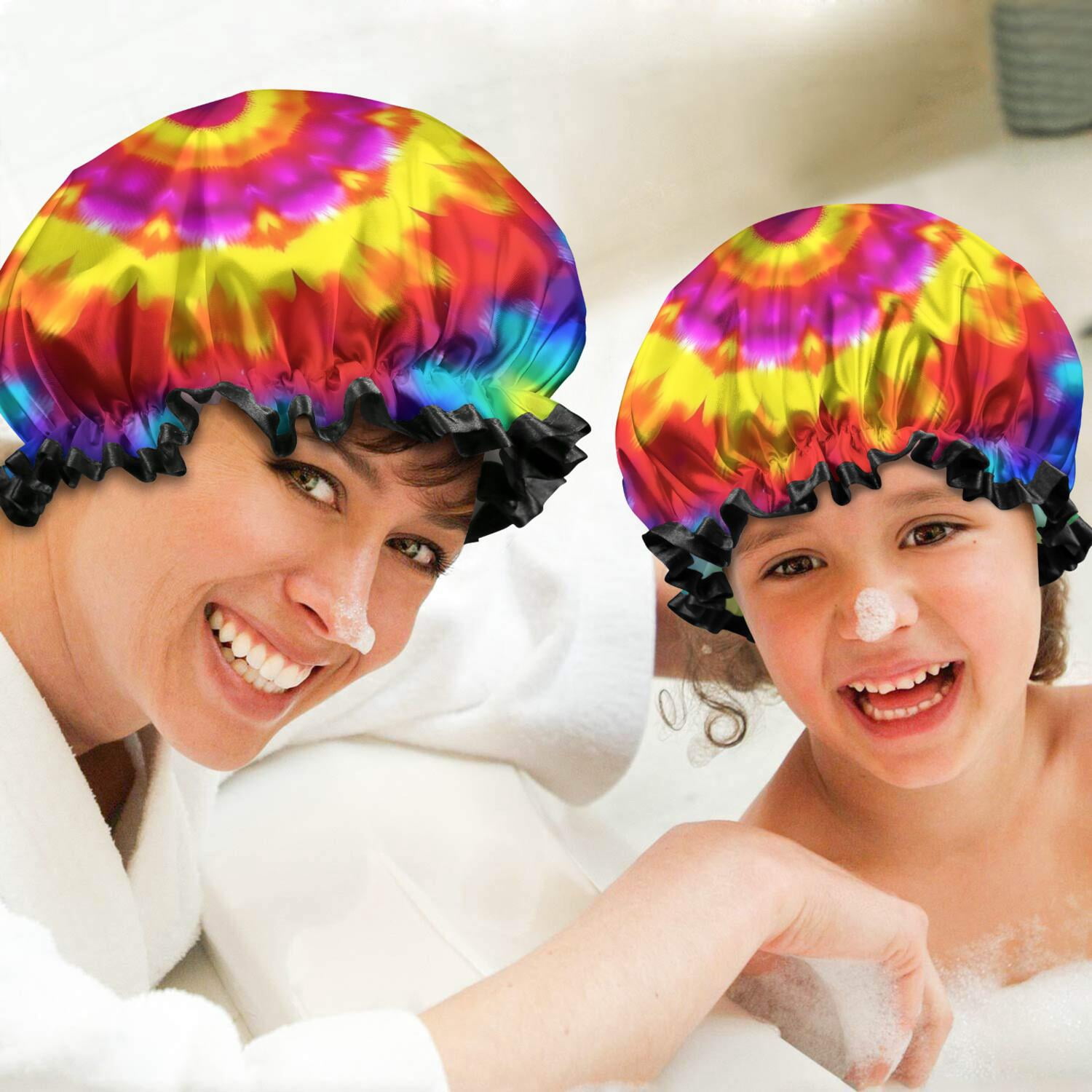 Shower Caps,Rainbow Tie Dye Mandala Pattern Waterproof Shower Cap for Women 4 Pieces,Double Reusable Hair Cover for Shower PEVA Elastic Stretch Hem