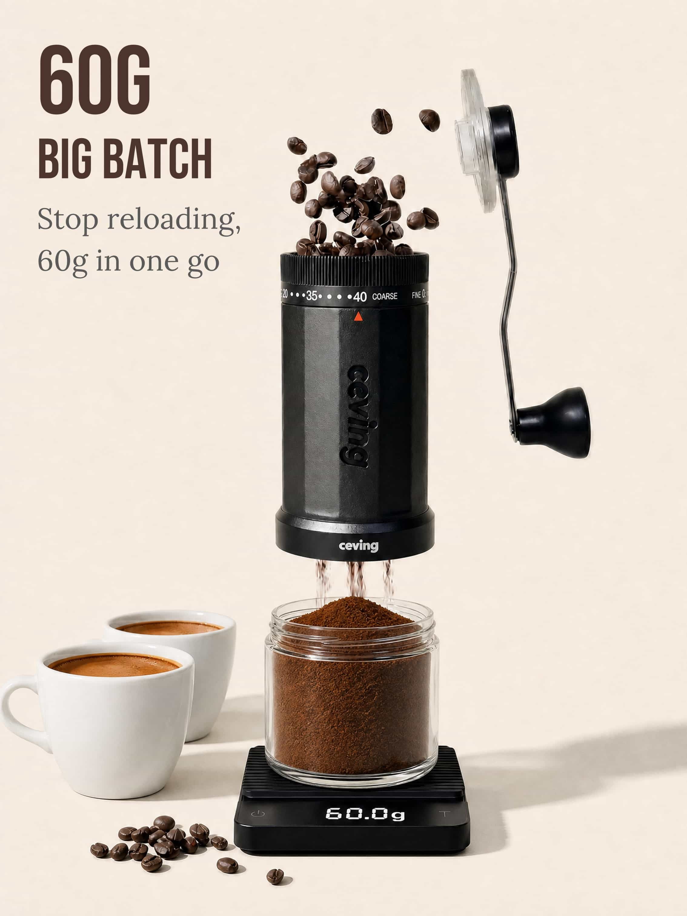 Ceving Manual Coffee Grinder, Stainless Steel Burrs, 60g Large Capacity, 40 External Settings, High-Precision, Food-grade Plastic Body