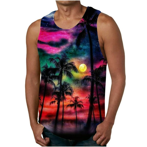 WAENQINLA Men's Tank Tops Big and Tall Bodybuilding Sleeveless Tshirts Loose Hawaiian Palm Tree Graphic Tees Fitness Stringer Tank Shirts Mens Tank Tops Under $10