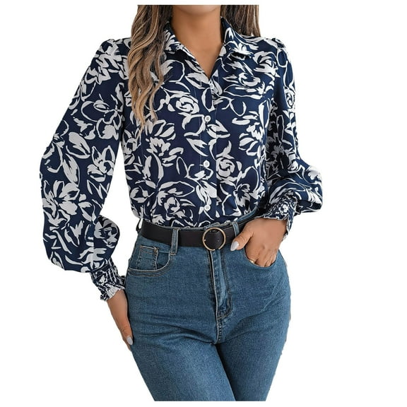 Blouses for Women Button Down Long Lantern Sleeve Dressy Shirts Floral Print Casual Fall Bohemian Tops