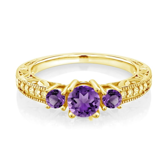 Gem Stone King 0.81 Ct Round Purple Amethyst 18K Yellow Gold Plated Silver Ring (Size 5)