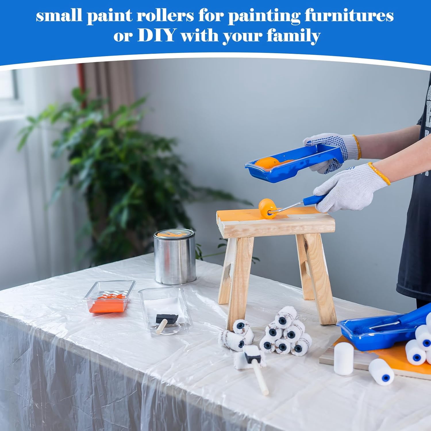 Paint Roller Kit, 25 Pack, 2 Inch Foam Paint Roller, Small Paint Rollers, Paint Roller Tray Liners, Sponge Brush with Plastic Sheeting, Mini Rollers for Painting Furniture