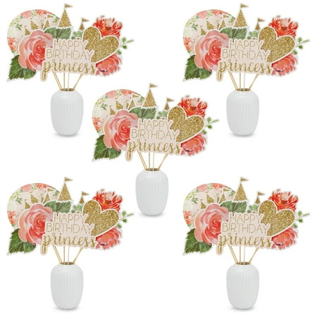 30 Pcs Princess Party Stick Centerpieces for Girls Floral Birthday, Pink Rose Flowers Table Topper Decorations