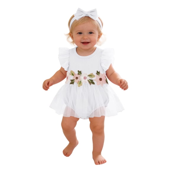 JAJAHO Girls Baby Bodysuit Outfit Infant Floral Dress Sleeveless Party Romper Toddler Girl Clothes With Bow Headband Summer 2PCS Set Trendy One-Pieces