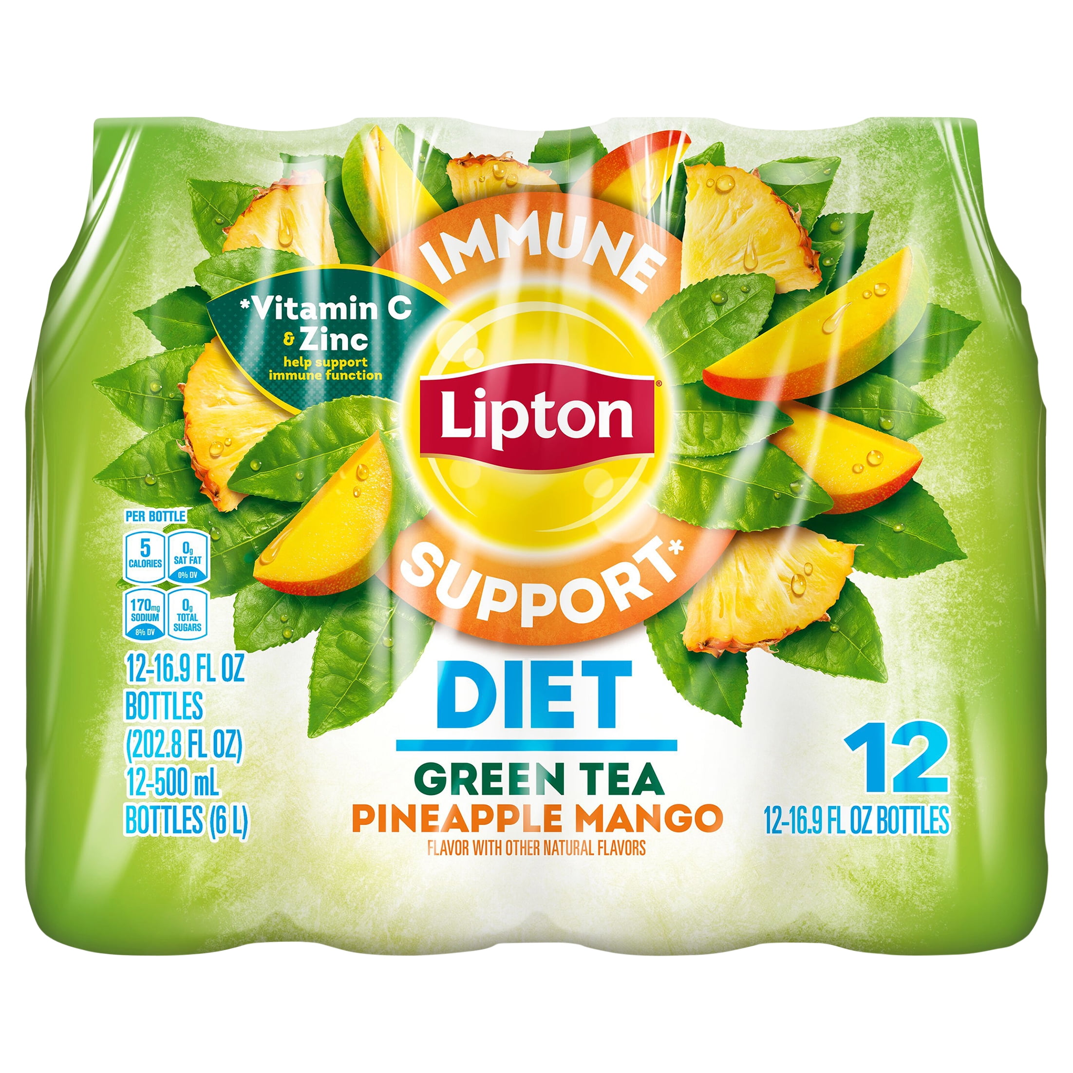 Lipton Iced Tea Immune Support Diet Pineapple Mango Green Tea 16.9 Fl Oz, 12 Count