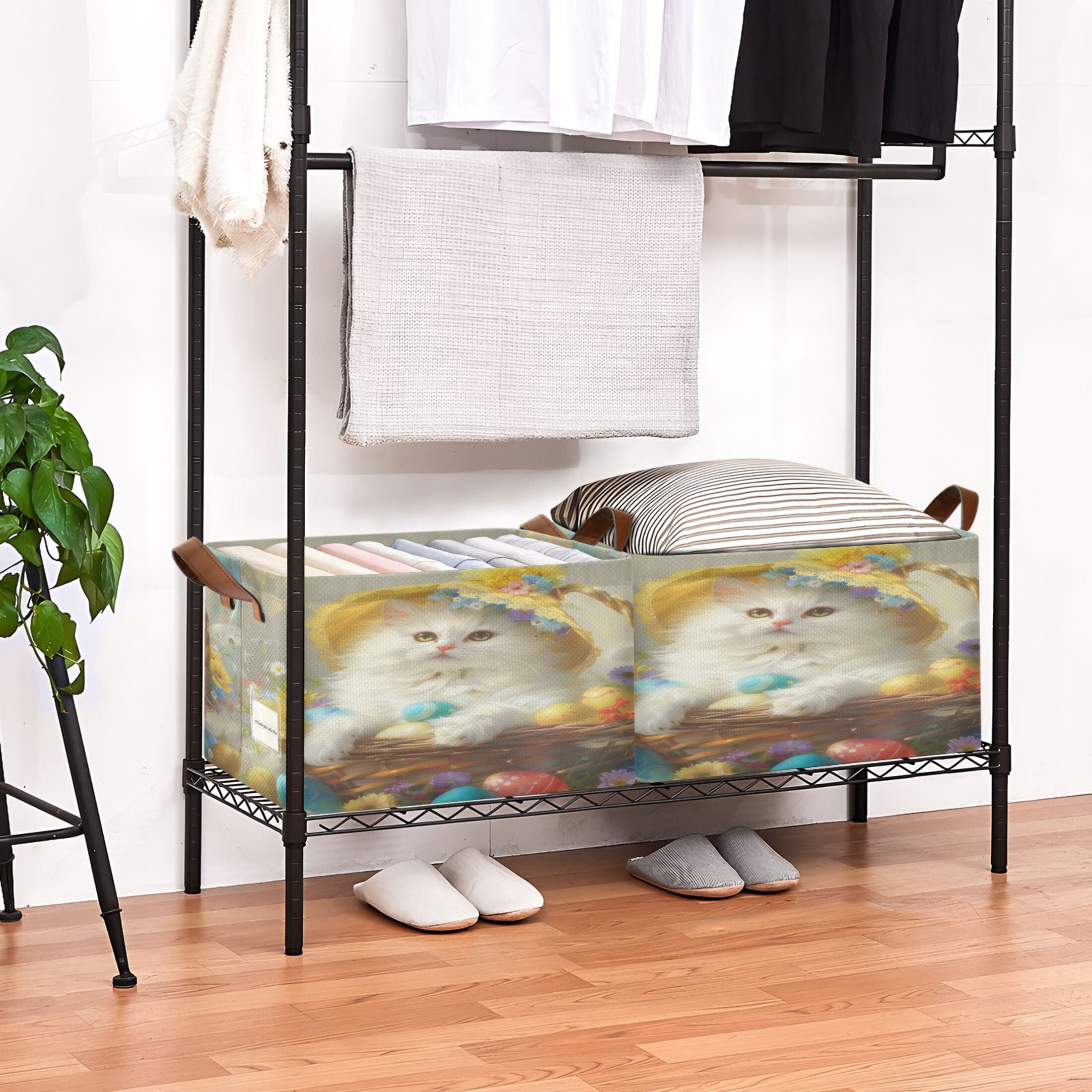 Collapsible Storage Bins Fabric Shelf Baskets with Handles Closet Organizer Easter Egg with Cat 16.9x11.4x10