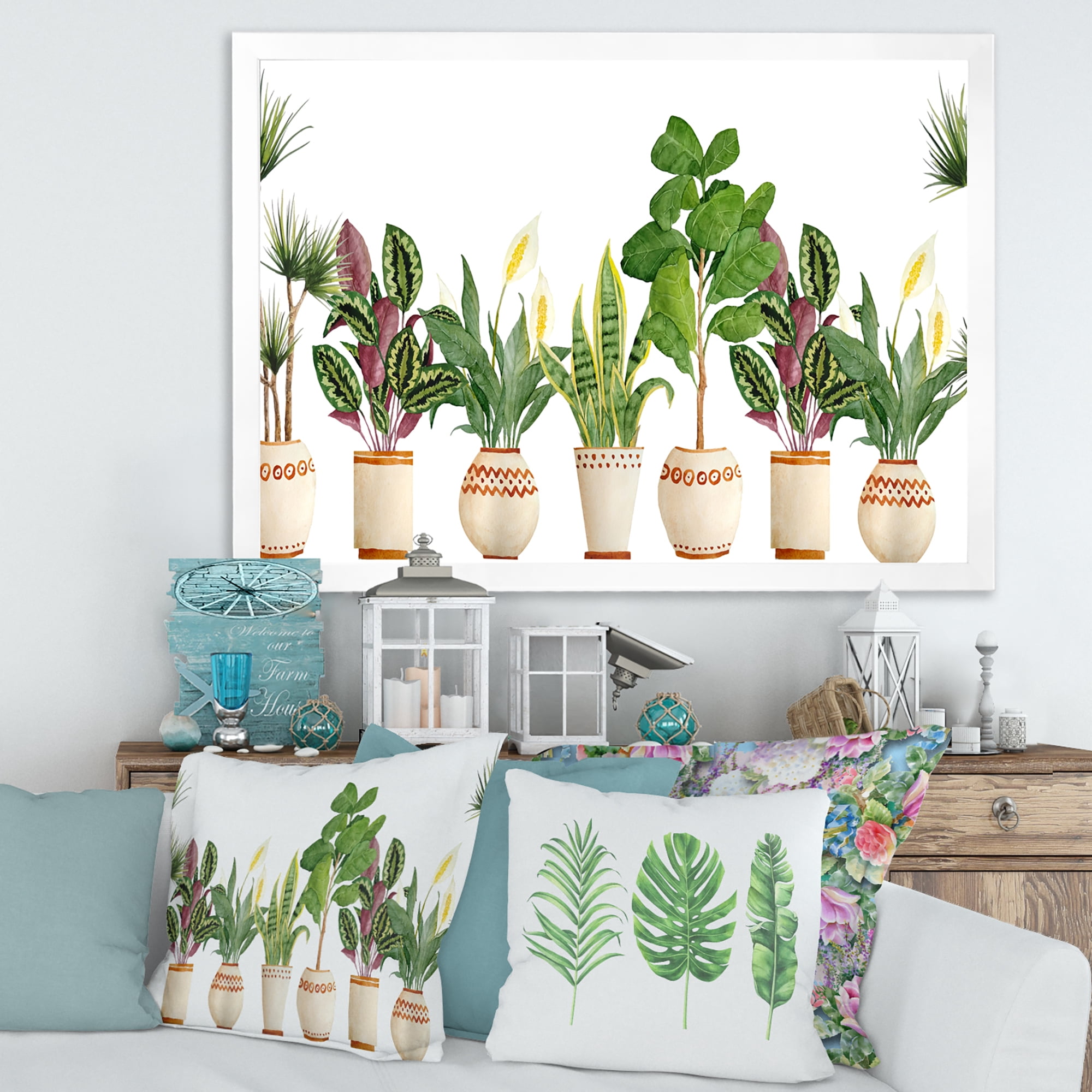 Designart 'Trio of Houseplants Sanseviera Snake Plants On White' Farmhouse Framed Art Print