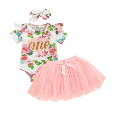 

KIMI BEAR Infant Girls Skirt Set 12 Months Infant Girls Spring Summer Skirt Set 18 Months Infant Girls Fresh Floral Prints Short Sleeve Romper + Sweet Pleated Tulle Skirt + Headband 3PC Sets Pink