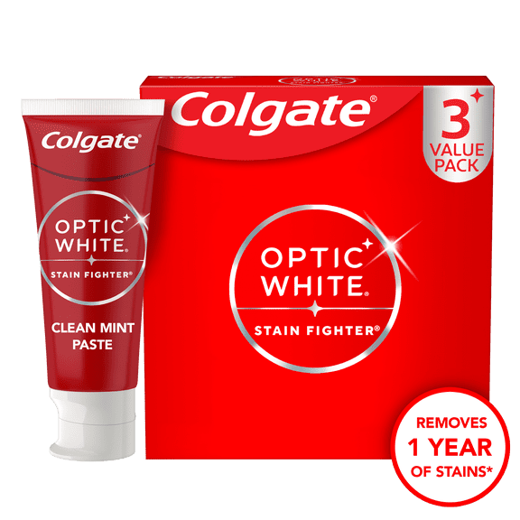 Colgate Optic White Stain Fighter Clean Mint Paste Teeth Whitening Anticavity Toothpaste, 3 Pack, 3.8 fl oz