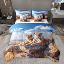 jejeloiu Wild Tiger Print 7pcs Bedding Comforter Set,Brown Blue Queen Bedding Sets For Men Women Reversible