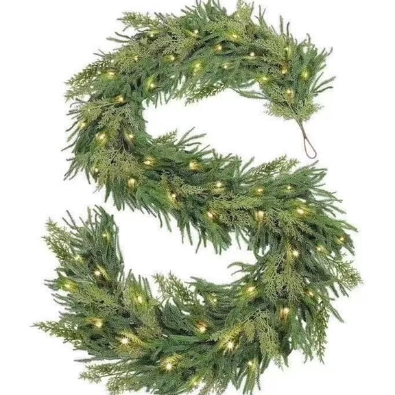 9ft Christmas Garland with LED Lights, Real Touch Norfolk Pine Garland, Green Artificial Greenery Garland for Table, Mantle, String Light, Wall, Indoor, Outdoor Christmas Decorations
