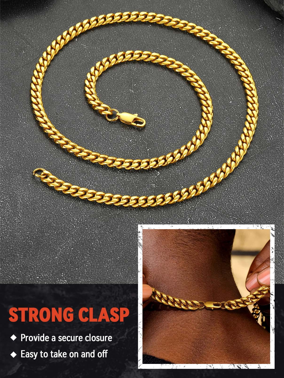 FaithHeart Chunky Miami Cuban Link Chain Necklace for Men Gold Plated Stainless Steel Hip Hop Chains Necklaces 6mm Width 18 Inches Length Jewelry with Gift Box for Dad Son Father's Day