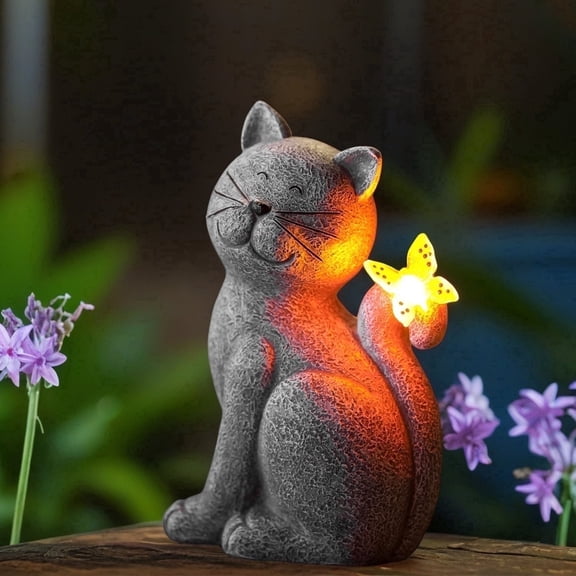 Solar Cat Garden Statue with Butterfly, Outdoor Cat Figurine Light for Garden Yard Lawn Patio Porch Decor, Gifts for Mom Grandma