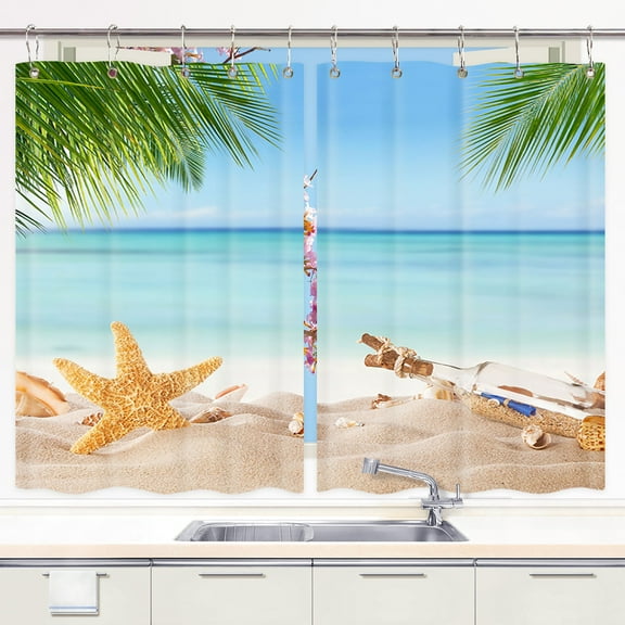 Beach Scene Kitchen Curtains, Ocean Beach Kitchen Curtains Seaside Costal Scenery Landscape Nautical Sea Scenic Kitchen Curtains for Living Room Window Drape Treatment Fabric 2 Panels 27.5 x 39 Inch