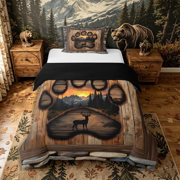 Castle Fairy Teens Rustic Wood Paw Cutout Deer Twin Duvet Cover,Sunset Pine Mountain Backdrop Twin Bedding,Brown Tan Black,Black Reversible,2pcs,No Comforter,1 Duvet Cover and 1 Pillowcase