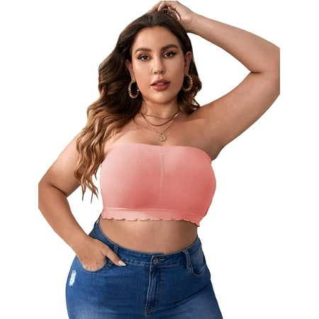

ZWQIANFENGXI Women s Plus Size Scalloped Trim Strapless Bandeau Tube Bralette Bra