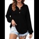 thumbnail image 1 of Tops de Punto Gofre para Mujer, Camisetas Henley de Larga con Cuello en V, Color Liso, Túnica Informal Negro M, 1 of 8