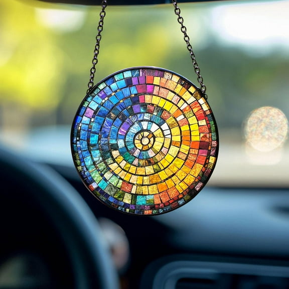 Rainbow Spiral Glass Suncatcher, Stained Glass Style Window Hanging, Round Mosaic Design, Colorful Geometric Decor, Gift For Art Lovers