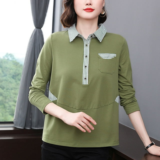 Camiseta de manga larga con cuello de otoño e invierno, camisa de solapa para madre de mediana edad para mujer, ropa exterior de primavera y otoño, camiseta sexy para mamá