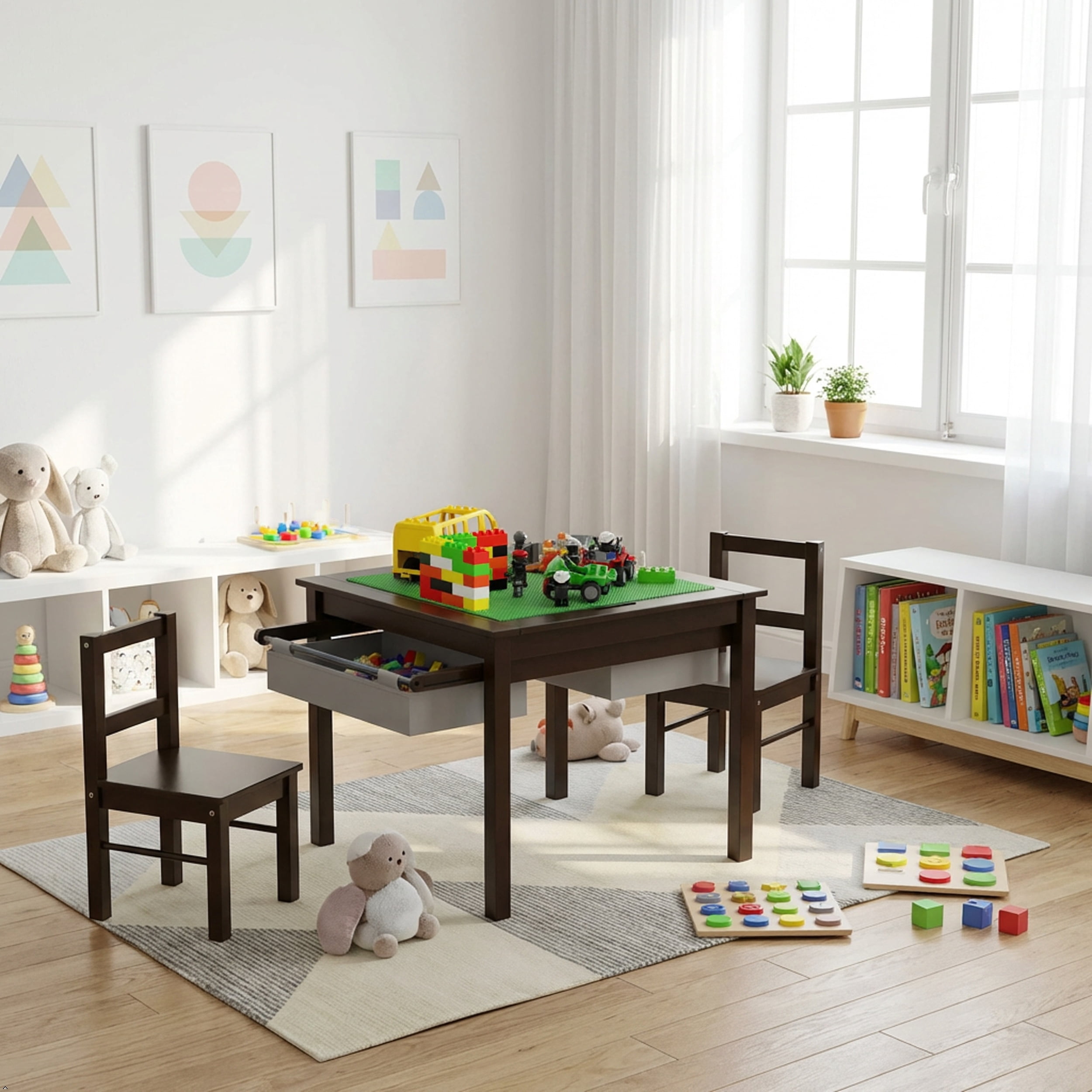 STAROUS Wooden 2 In 1 Kids Construction Play Table and 2 Chairs set with Storage Drawers and Built In Broad, Espresso with Gray Drawer