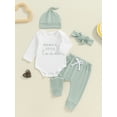thumbnail image 5 of Aojekbee Baby Girl Fall Outfit, Letter Embroidery Long Sleeve Romper Elastic Waist Pants Hat Headband 4 Piece Set, 5 of 10
