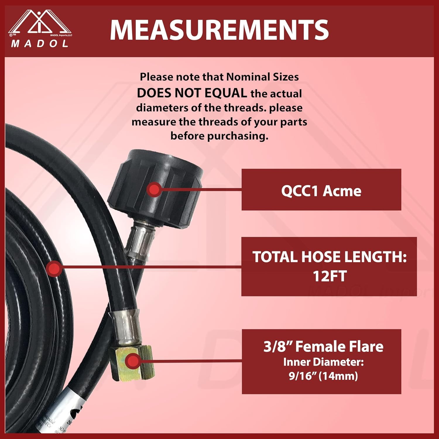 Madol 12 Feet Hose Assembly For Propane Tank Adapter QCC1 Acme x 3/8 Female Flare, Max 80,000 BTU's EVEN Controlled FLO Tanks RV BBQ Gas Grills Fire Pit Table Heaters