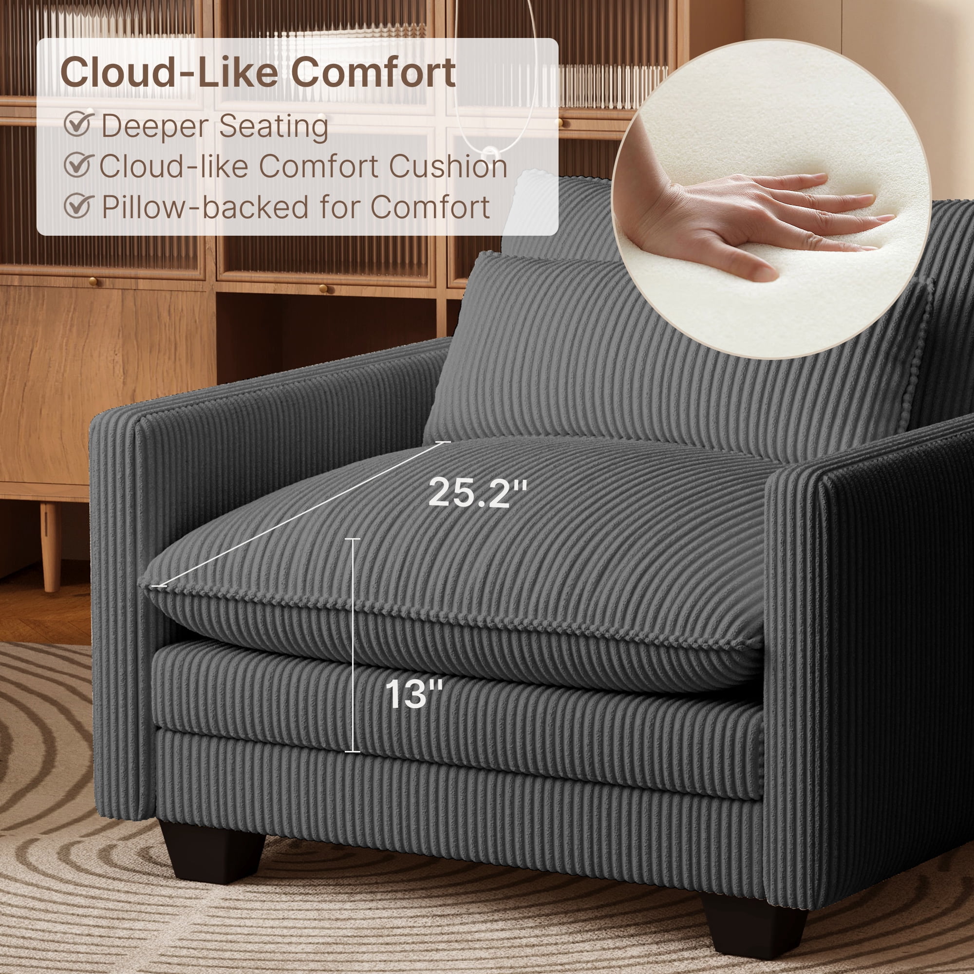 Cloud Accent Chair, Corduroy Single Sofa Chair, Cloud Deep Seat Armchair with Removable Washable Zipper Cover, Memory Foam Cushion with Pillow, Modern Leisure Lounge Chair for Living Room , Dark Gray