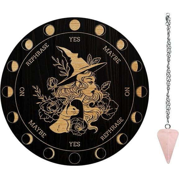 7.8' Witch Pendulum Board Wooden Dowsing Planchette with Rose Quartz Crystal Dowsing Pendulums Witchcraft Divination Tools for Spirit Altar Decoration - Witch Cat (AJEW-GA0004-66H-US20) DIY
