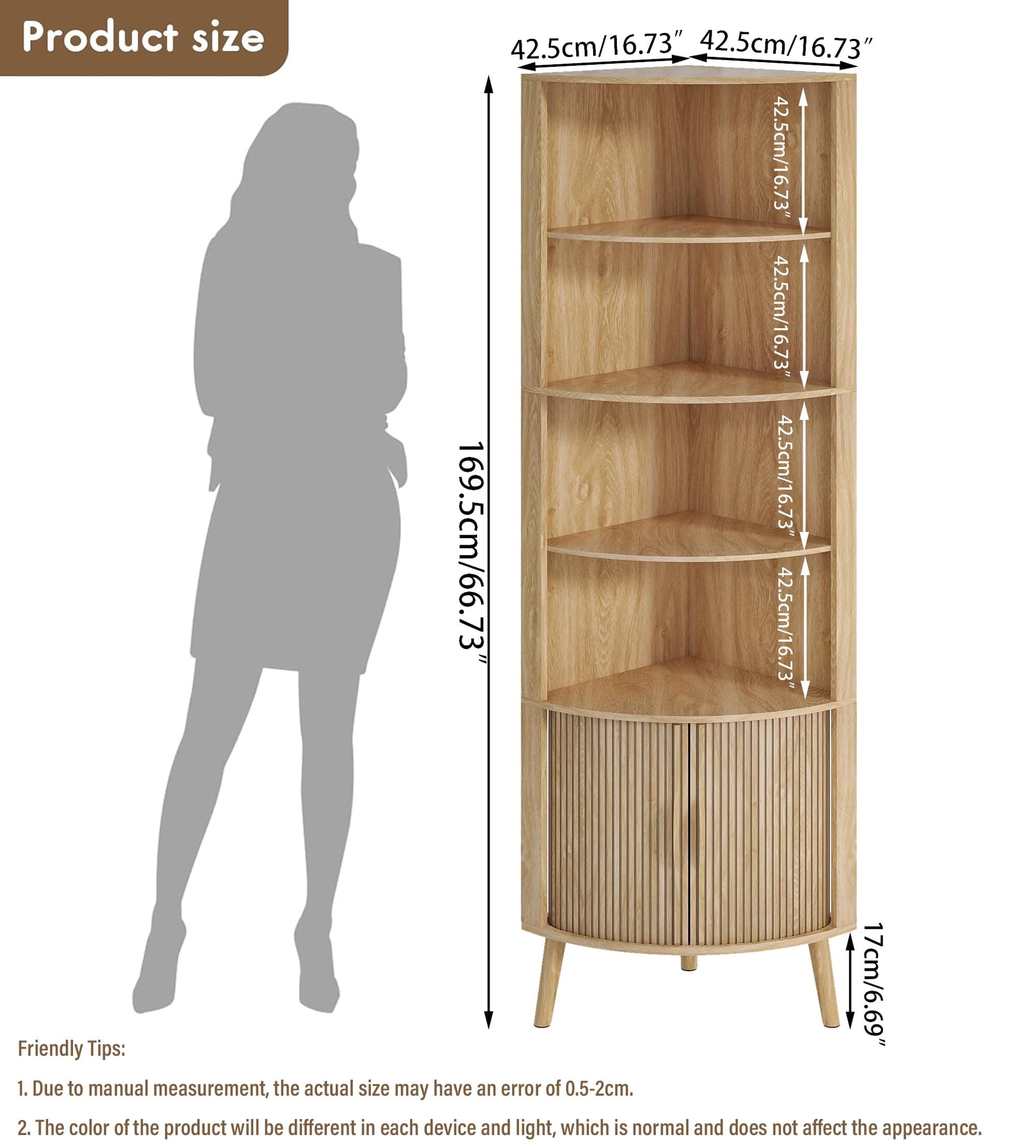 Modern Corner Cabinet, 66.7" Tall Bathroom Storage Cabinet with 2 Fluted Doors & Shelves for Kitchen, Living Room, Wood