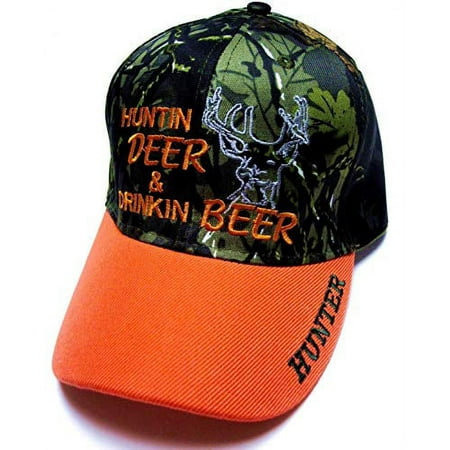 Hunting Deer & Drinking Beer Two Tone Blaze Orange Bill Camo Camouflage Hat Cap Hunter Adult Men s Adjustable