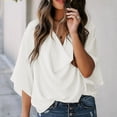 thumbnail image 2 of Tops fruncidos para mujer, cuello en V, manga corta de murciélago, blusa informal holgada de color puro para mujer, para fiesta, oficina, viajes, blanco L, 2 of 6