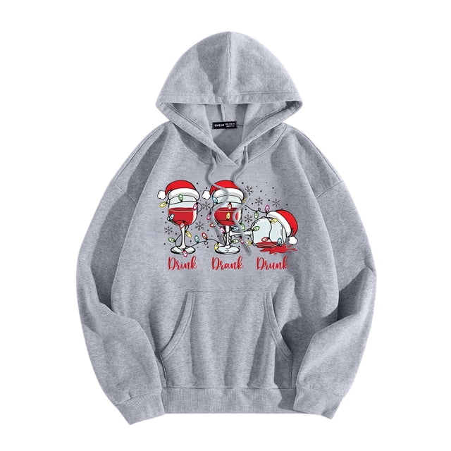 WEAIXIMIUNG Robe Sweat Femme Chandail à Capuchon Décontracté Col Rond Poche Noël Verre Chapeau de Noël Imprimé Chandail à Capuchon
