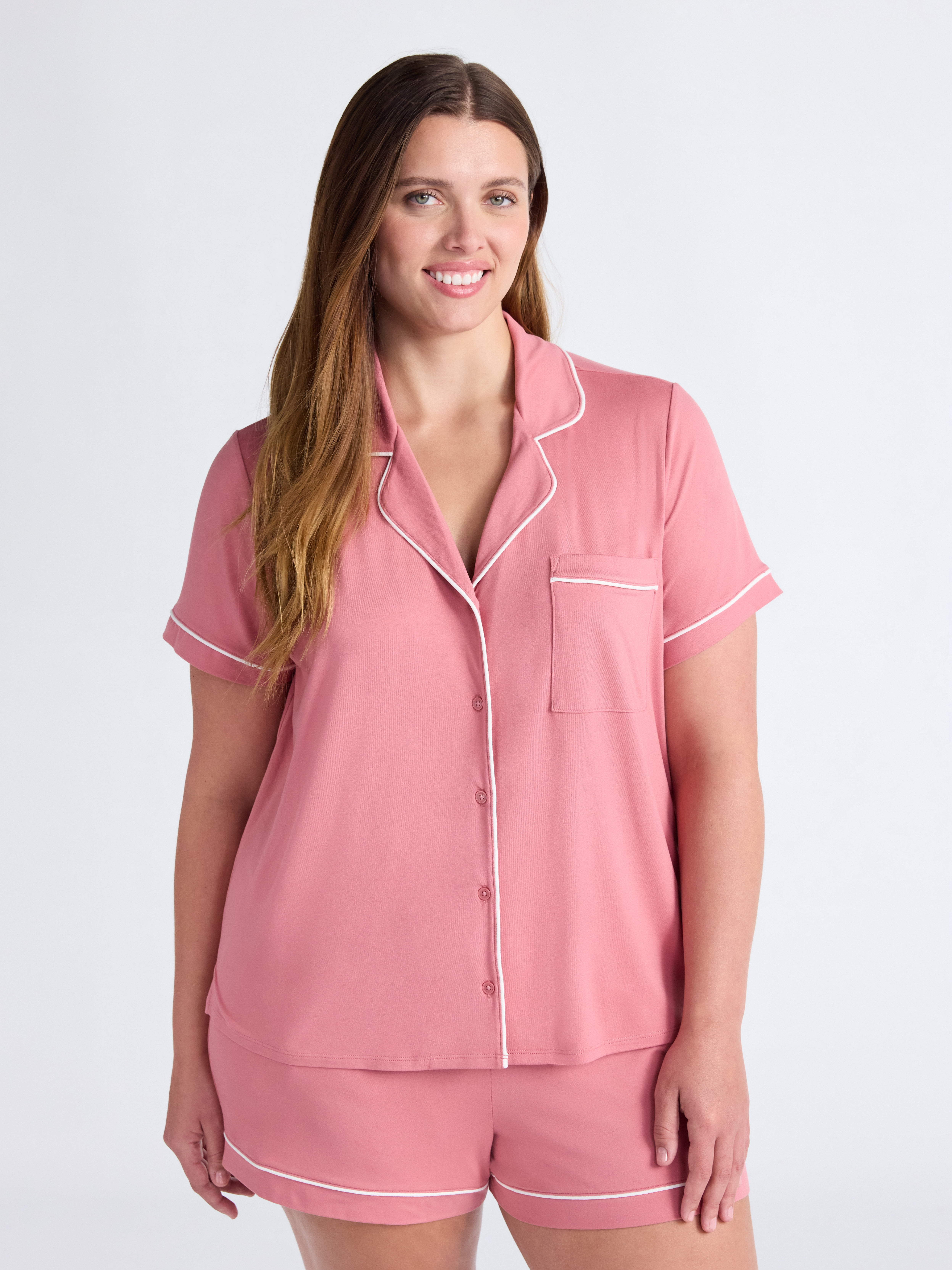 Joyspun Women’s Dreamy Soft Collection Notch Collar Knit Top and Boxer Shorts Pajama Set, Sizes XS-3X