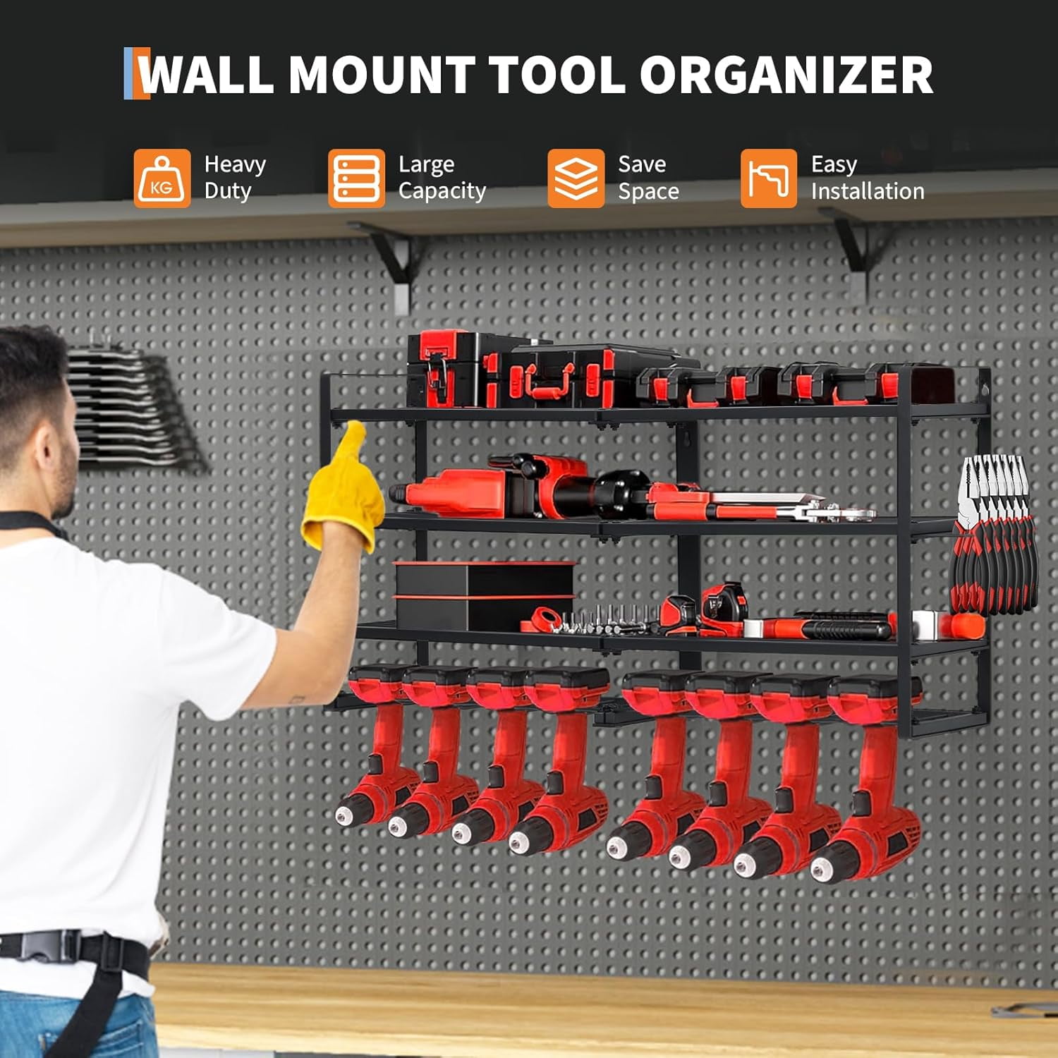 Power Tool Organizer, Drill Holder Wall Mount, Heavy Duty 4-Layer Drill Storage Shelf Loads 400Lbs, 8 Drill Holders and Drill Bit Rack, Utility Power Tool Storage for Garage Workbench