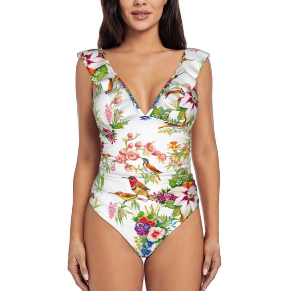 Picia Birds And Flowers Blooming Jelly Womens Tummy Control Bathing Suits Slimming Ruffle Swimsuit One Piece Lace Swimwear-