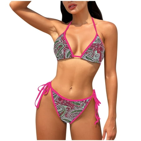 Summer Clearance Sale! TMOYZQ Women s Halter Bikini Sets Triangle String Staps Two Piece Swimsuit with Tie Side Bottom High Cut Bathing Suits Sexy Swimwear