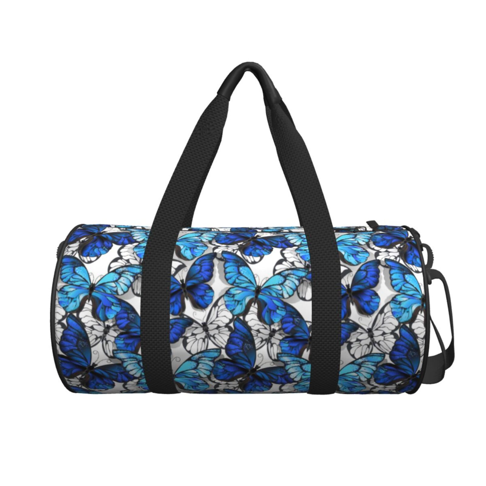 Horeoi Blue and White Butterflies Print Foldable Travel Duffle Bag with Removable Strap - Water-Resistant Gym Vacation Luggage Multi-Pocket Design