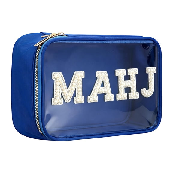 Mahjong Tile Bag Clear PVC Pouch - 1PC Zippered Mahjong Storage Case with Chenille MAHJ Patches, Travel Toiletry Makeup Organizer, Blue
