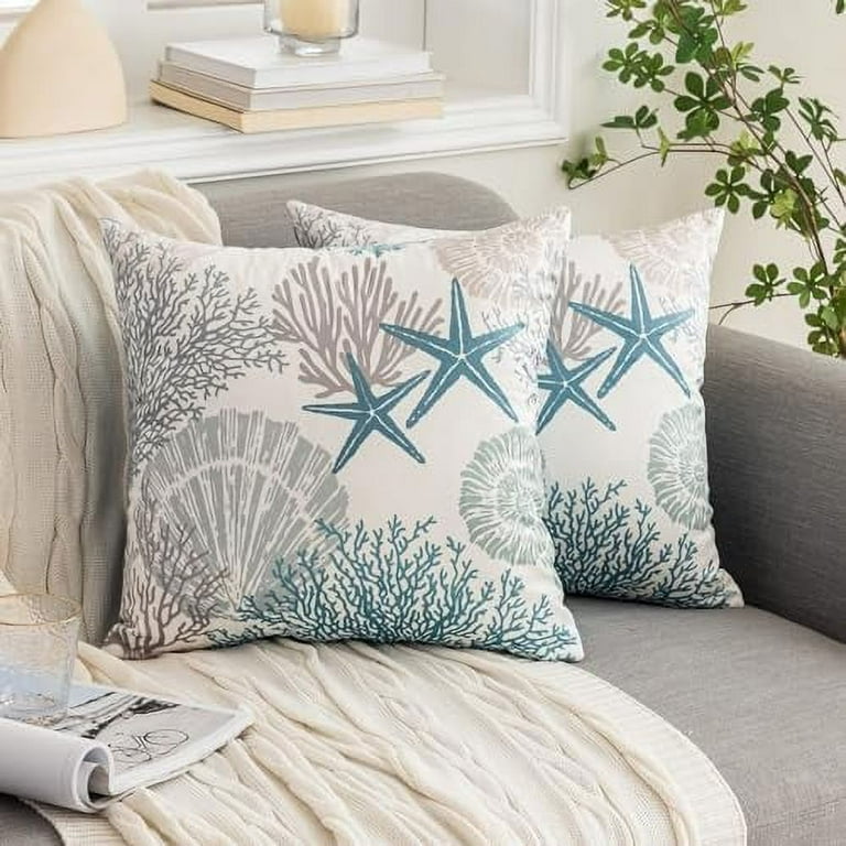 Tritard Nautical Coastal Throw Pillow Covers 18x18 Set of 2 Beach Themed Ocean Seashell Coral Starfish Velvet Couch Decorative Pillow Cases Outdoor Sofa Cushion Cover for Bedroom Living R Walmart