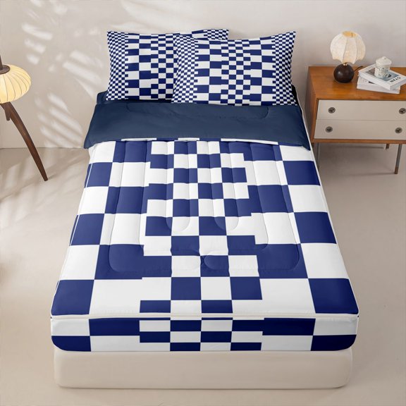 Manfei Modern Checkered Zipper Twin Comforter Sets with Fitted Sheet and 2 Pillowcases,Art Grid Zipper Bedding Set,Navy,Navy Blue Reversible,4pcs