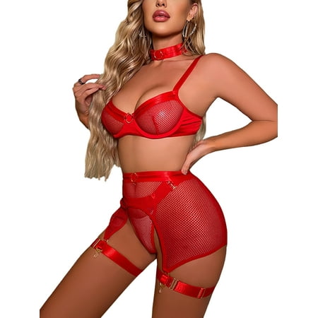 

Wrcnote Women Babydoll Push Up Lingerie Set 2 Pieces Underwear Gift Mesh Outfits Garter Belts Nightwear Red S