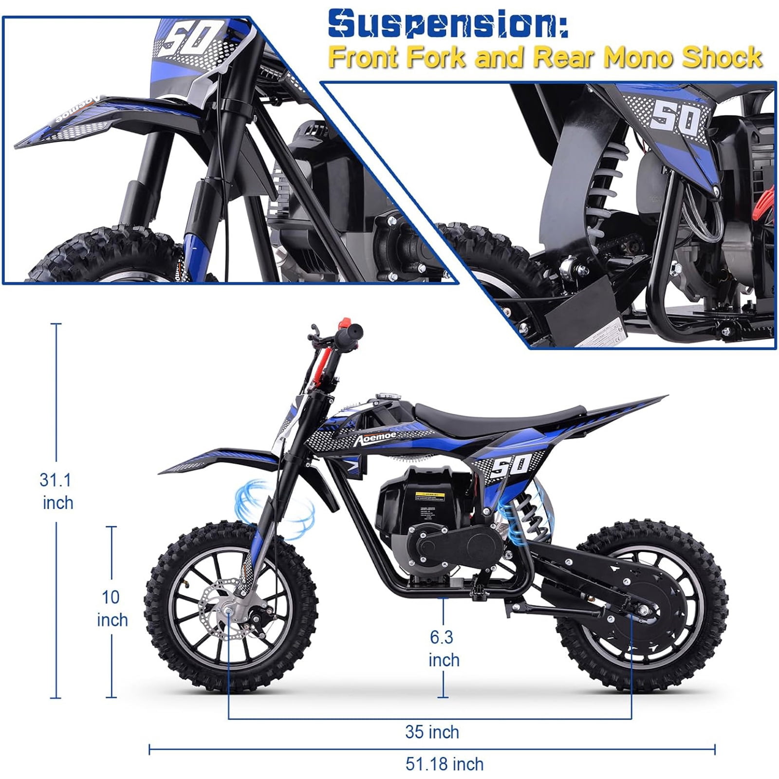 Aoemoe 39cc 4-Stroke Kids Mini Dirt Bike, Gas Powered, Rear Suspension & Disc Brakes, 20Mph/165Lbs,Blue