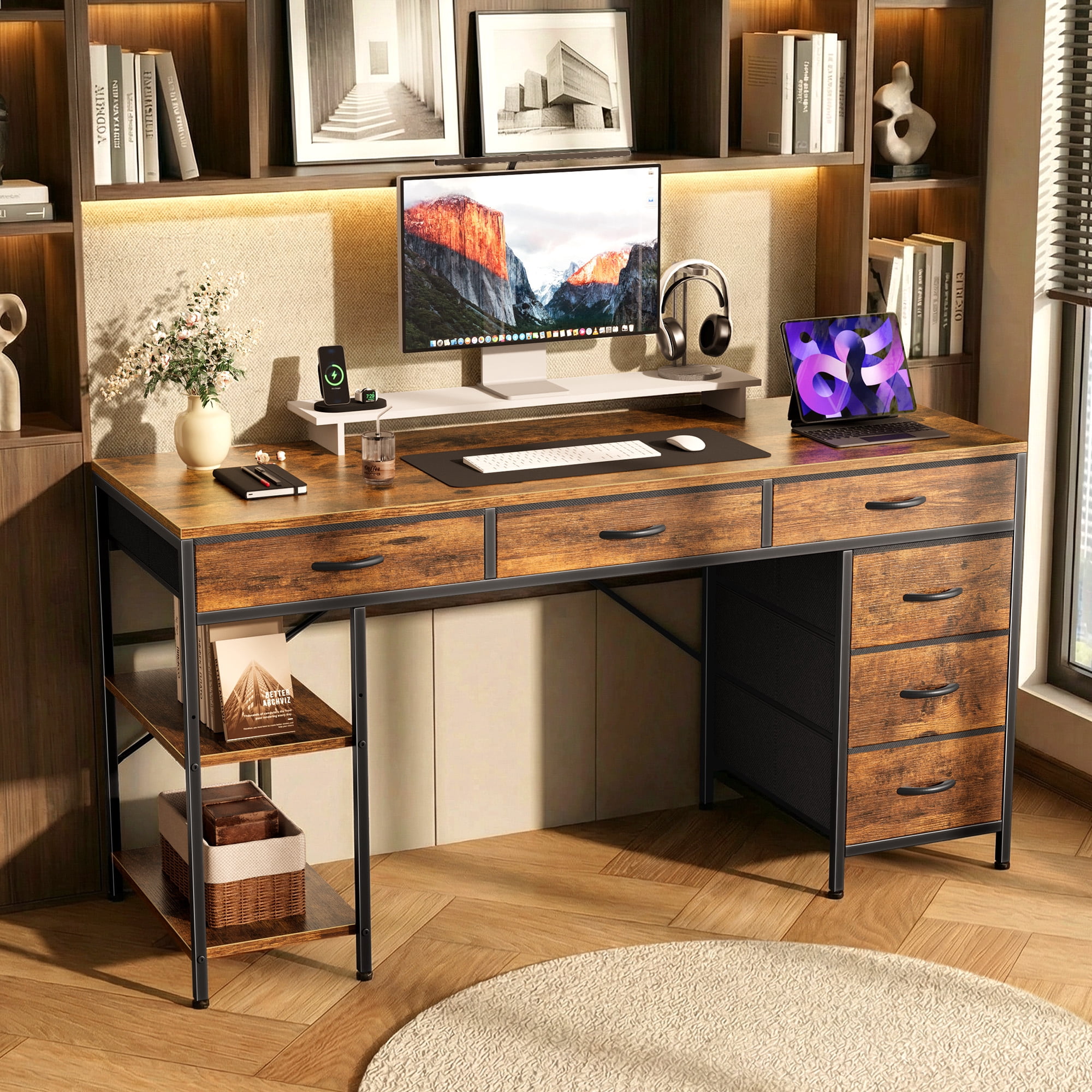 Amadwell 47" Desk with Drawers & Storage, Office Desk with Reversible Shelves, Gaming Computer Desk, Brown