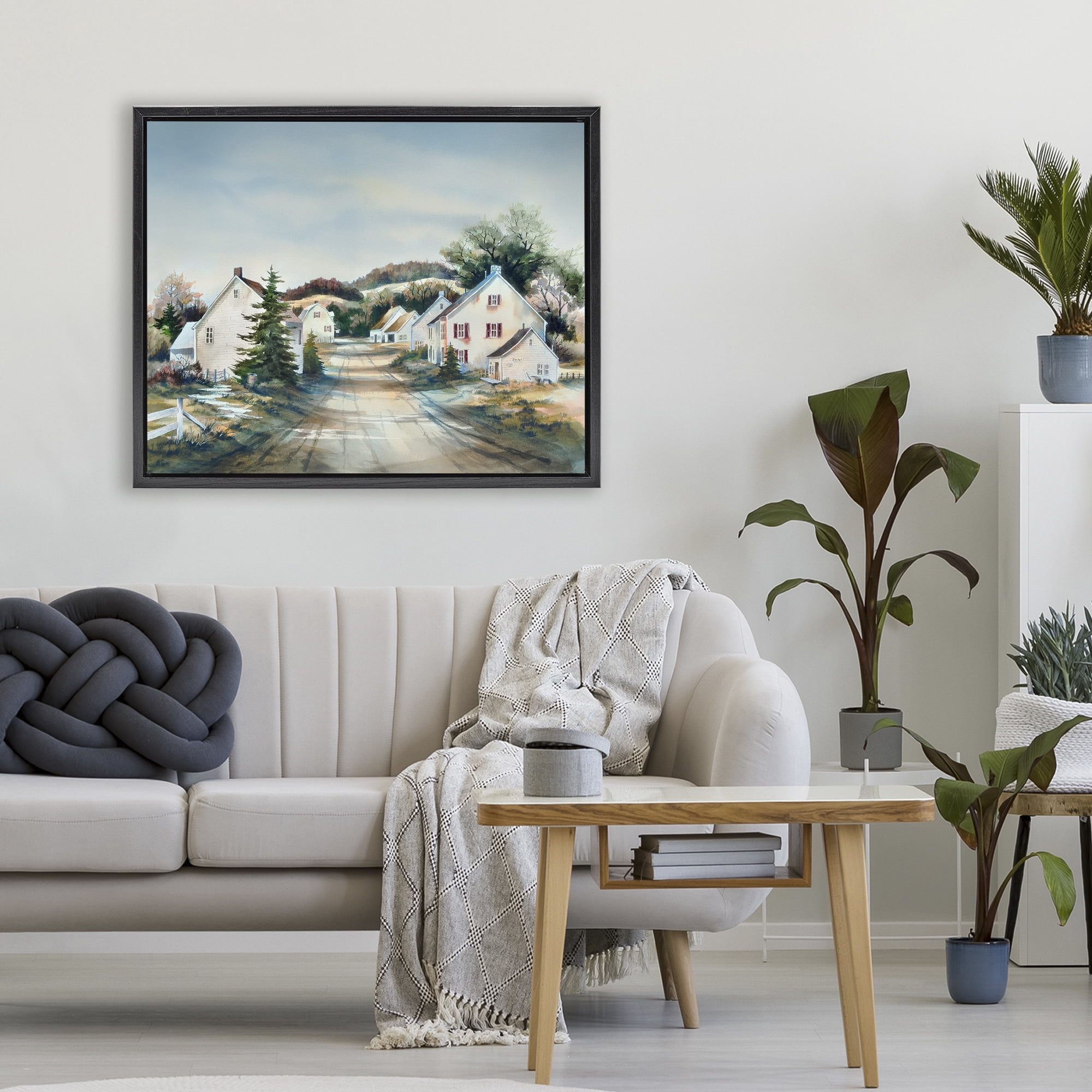 Stupell Industries Tranquil Village Road & Houses Black Framed Floater Canvas Wall Art, design by Owen Wexler