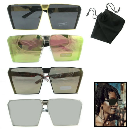 Flat Top Square Vintage Retro Shield Style Aviator Oversized Sunglasses W/ Pouch