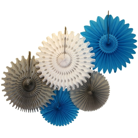 Devra Party Turquoise, White, and Gray Large Tissue Paper Fan Decorations, 13 and 18 Inches (5 Piece)