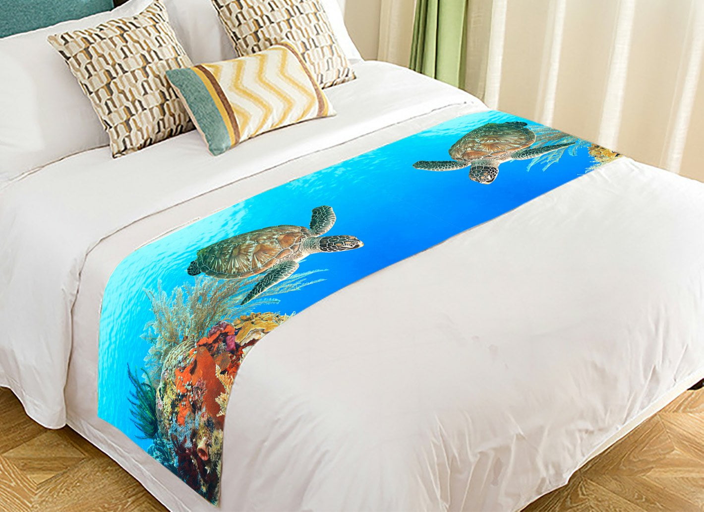 GCKG Ocean Bed Runner, Underwater World Sea Turtle and Coral Reef Bed Runners Scarves Bed Decoration 20x95 inch
