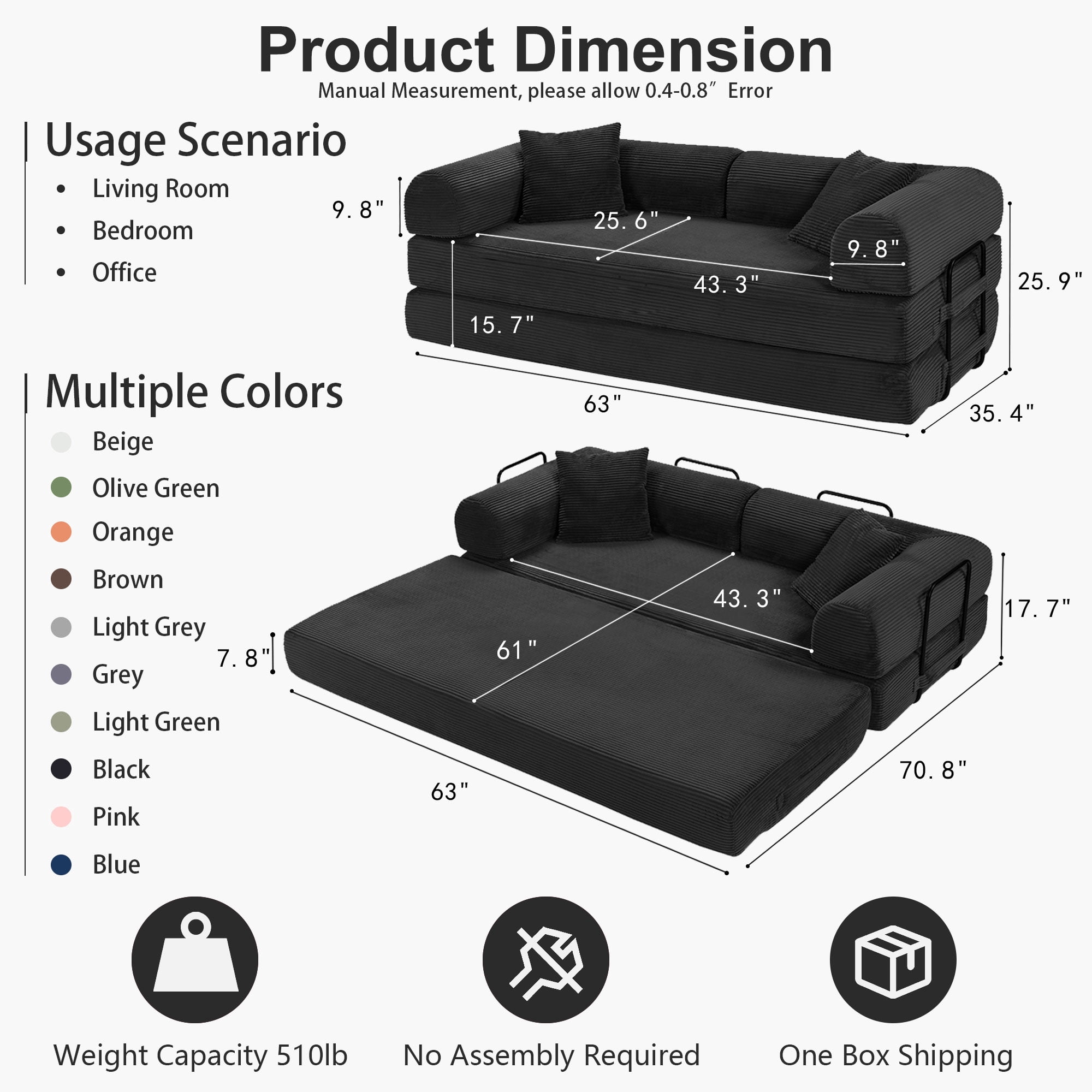 Convertible Floor Sofa Bed, Holaki 63" Foldable Compression Loveseat Lounge Sleeper Sofa with Pillow & Fixed-Shape Frame, Corduroy Folding Boneless Sofa Couch for Living Room, Small Space, Black