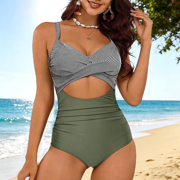 Traje de baño de una pieza para mujer, traje de baño de rayas con espalda descubierta, trajes de baño, tankinis, trajes de baño de moda playera para mujer, trajes de baño de una pieza para mujer, traj