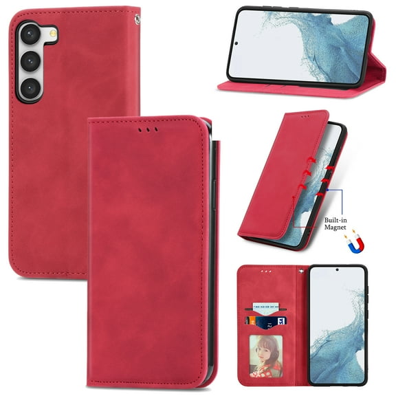 Feishell Wallet Case For Samsung S21 FE, Magnetic Folio Card Slots Holder Kickstand Premium PU Leather TPU Shockproof Interior Protective Case [RFID Blocking] for Samsung Galaxy S21 FE, Red